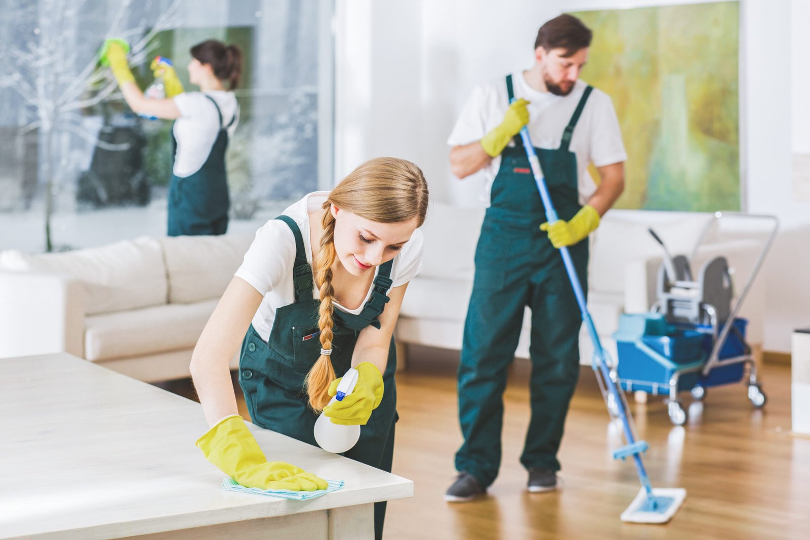 Cleaning service employees with professional equipment cleaning
