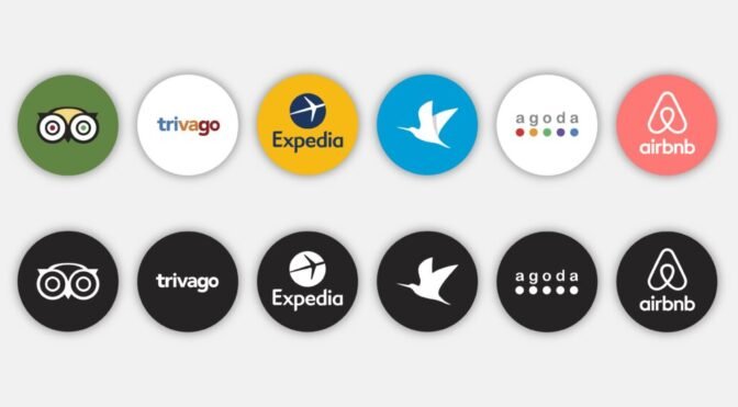 Set of social network travelling application icon, social media logos of TripAdvisor, Trivago, Expedia, Traveloka, agoda, airbnb